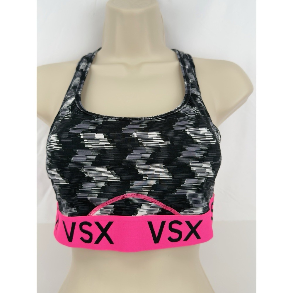 Victoria's Secret VSX Sports Bra M Black Gray Pink Camo Racerback Logo Band